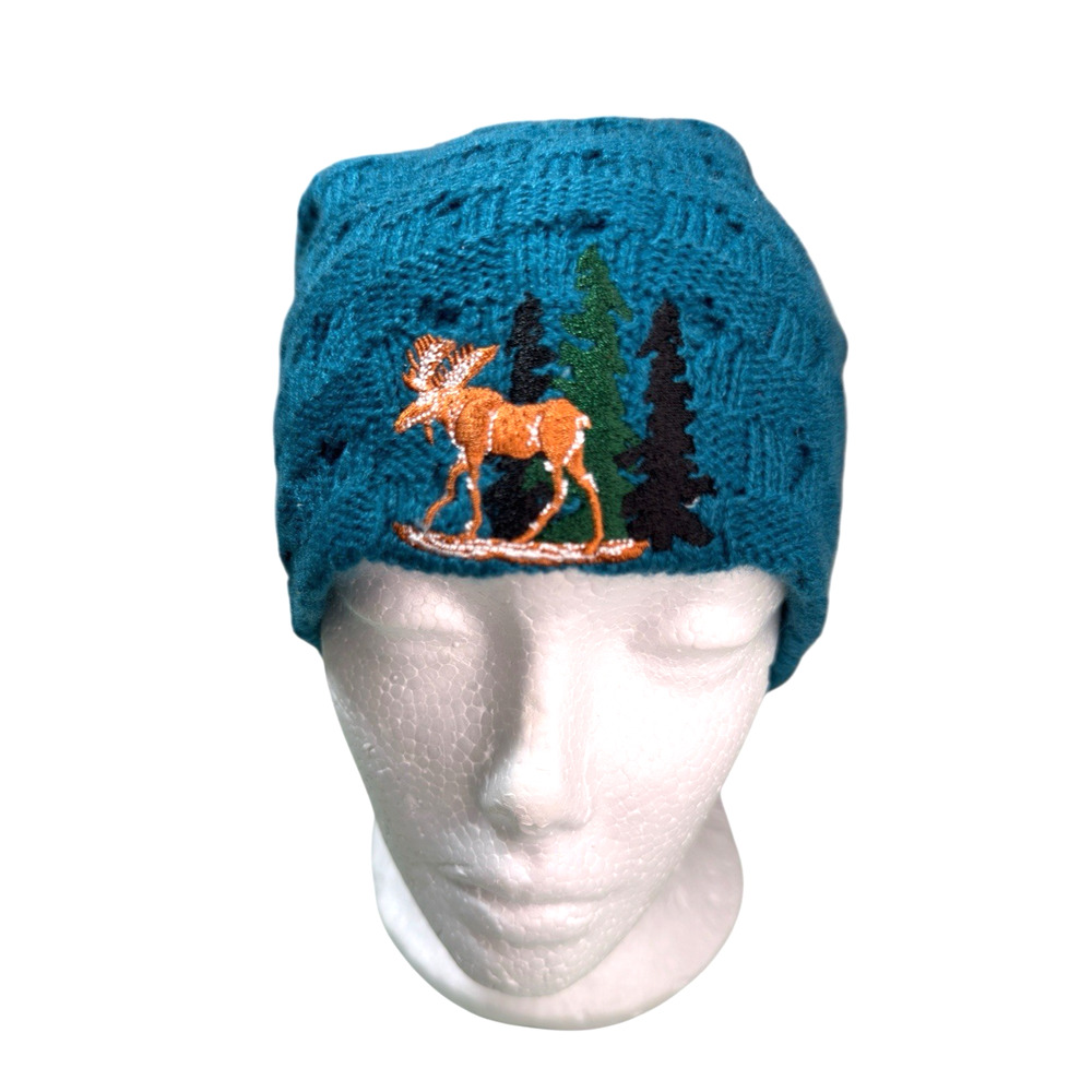 NWT Allota Knitz Beanie Hat Embroidered Moose Pattern Teal Blue Sz L Lined